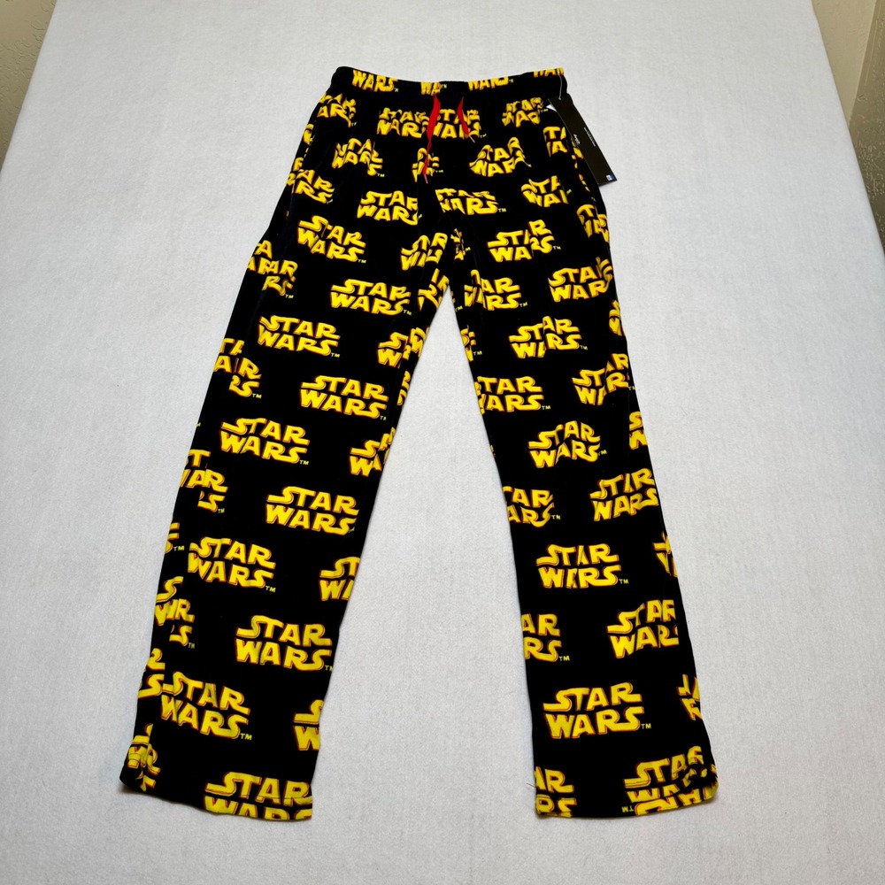 Star Wars Mens Fleece Pajama Pants Black Yellow Logo Print Size S NWT